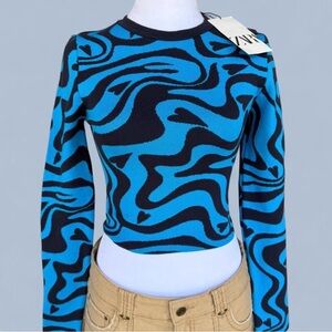 ZARA Blue & Black Swirl Cropped Knit Sweater | Size Small
